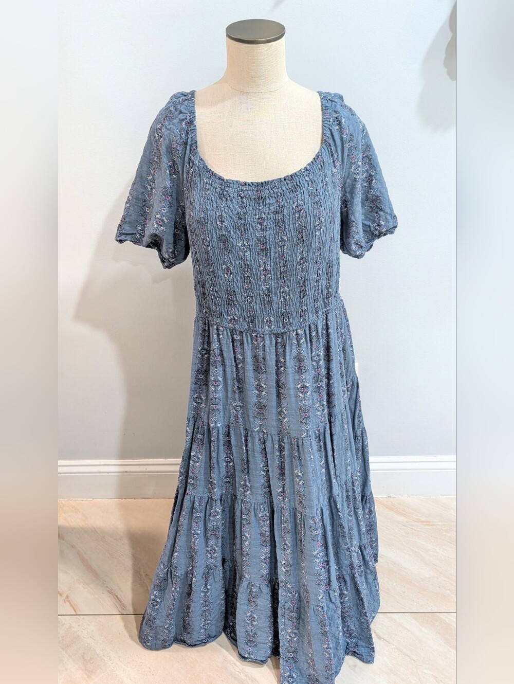 Sonoma Blue Floral Smocked Midi Dress - Size Large